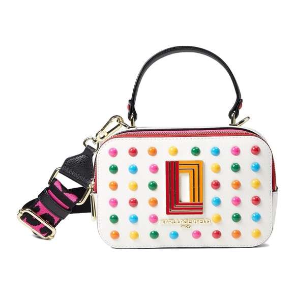 NWT $230 Karl Lagerfeld Simone Crossbody Top Handle – White Multi Stud Logo - Picture 1 of 8